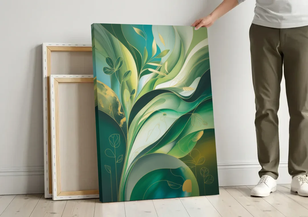 Opulent Nature Harmony Green Abstract canvas wall art leaning against a wall next to blank canvases