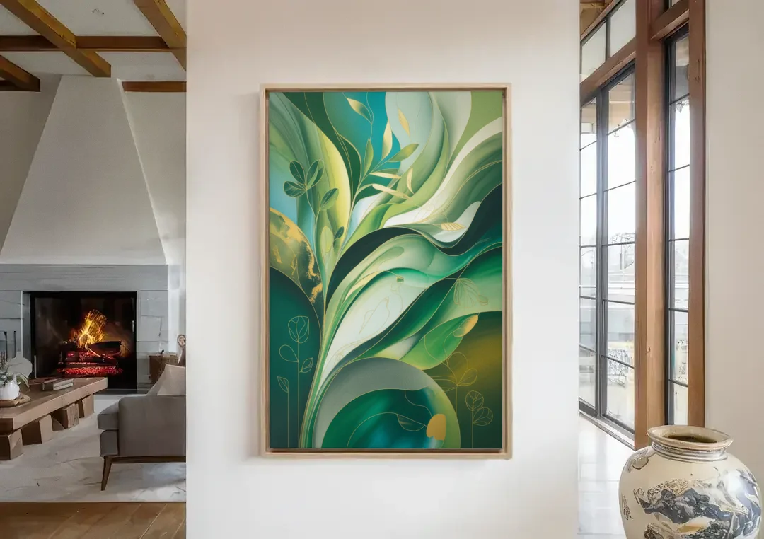 Opulent Nature Harmony Green Abstract canvas wall art in a living room with a fireplace