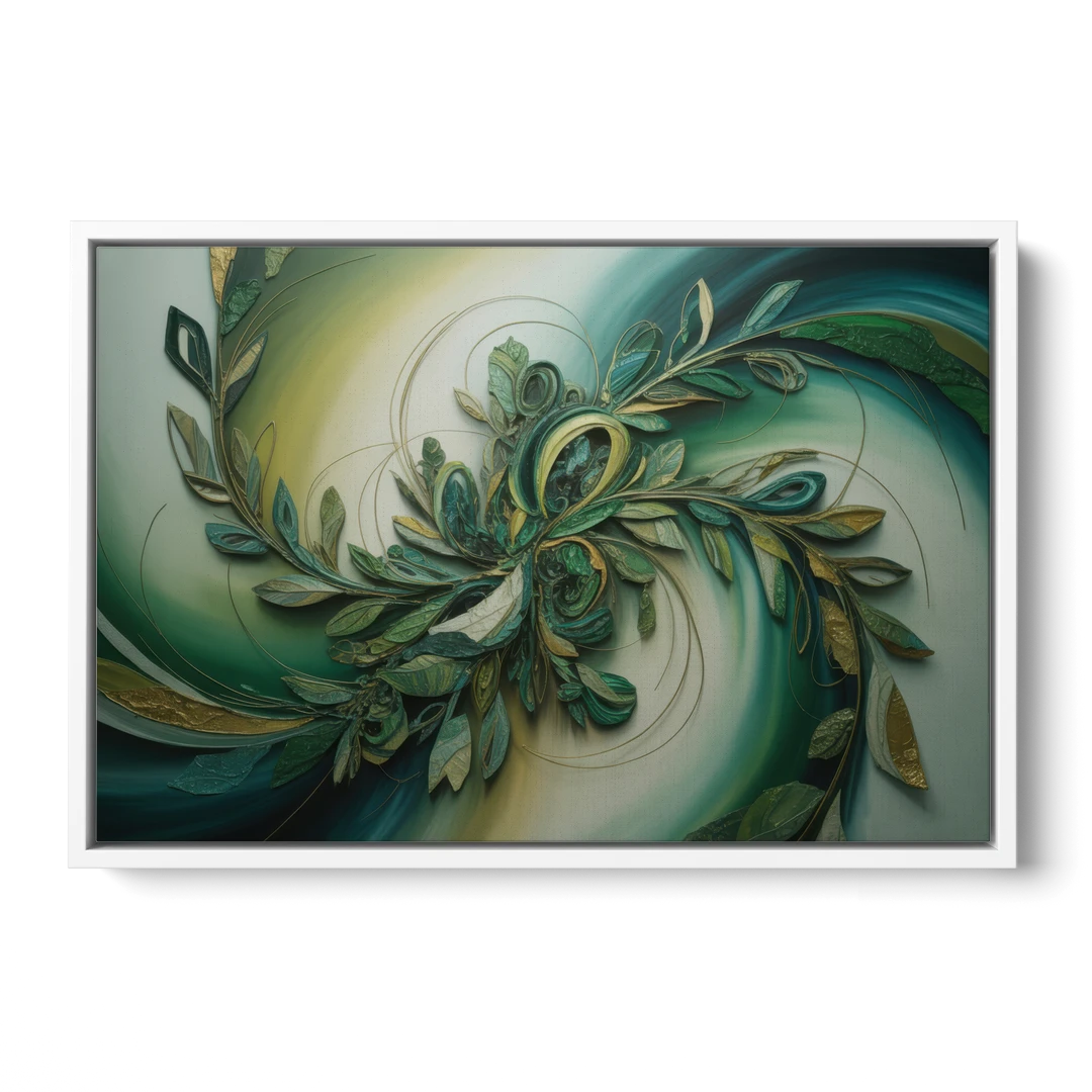Opulent Natures Flow Green Abstract - White Framed Canvas Wall Art - Front