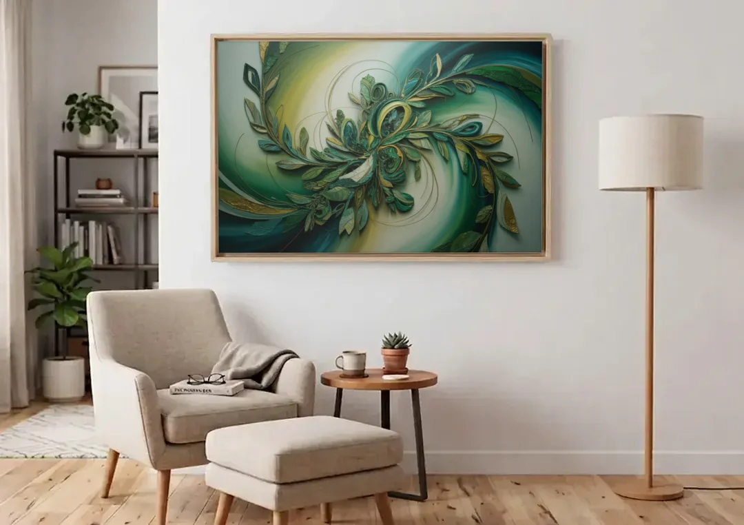 Opulent Natures Flow Green Abstract canvas wall art above an armchair in a bright living room
