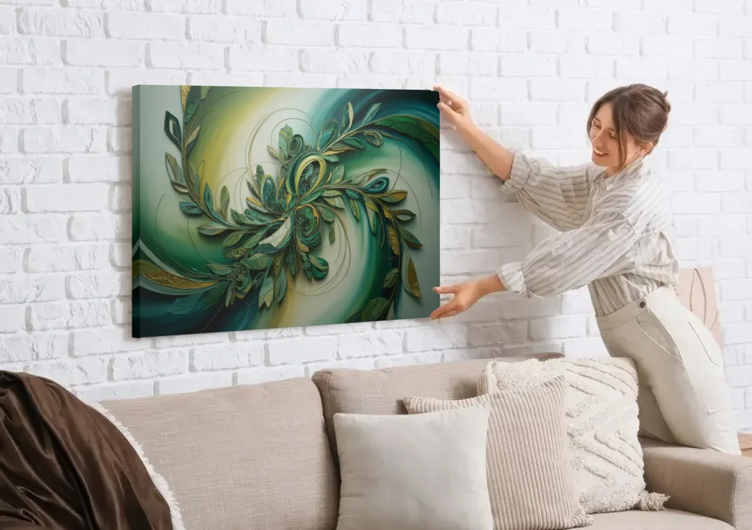 Opulent Natures Flow Green Abstract canvas wall art being hung on a white brick wall above a sofa