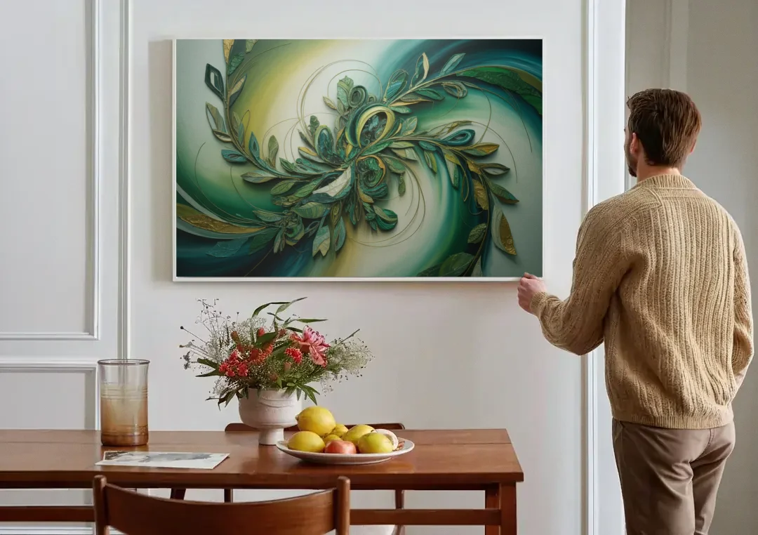 Opulent Natures Flow Green Abstract canvas wall art above a dining table