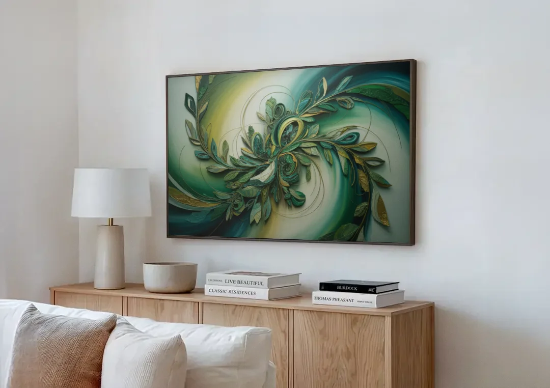 Opulent Natures Flow Green Abstract canvas wall art above a wooden sideboard next to a sofa