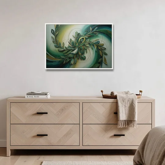 Opulent Natures Flow Green Abstract - White Framed Canvas Wall Art - Coffee Table - 36x24