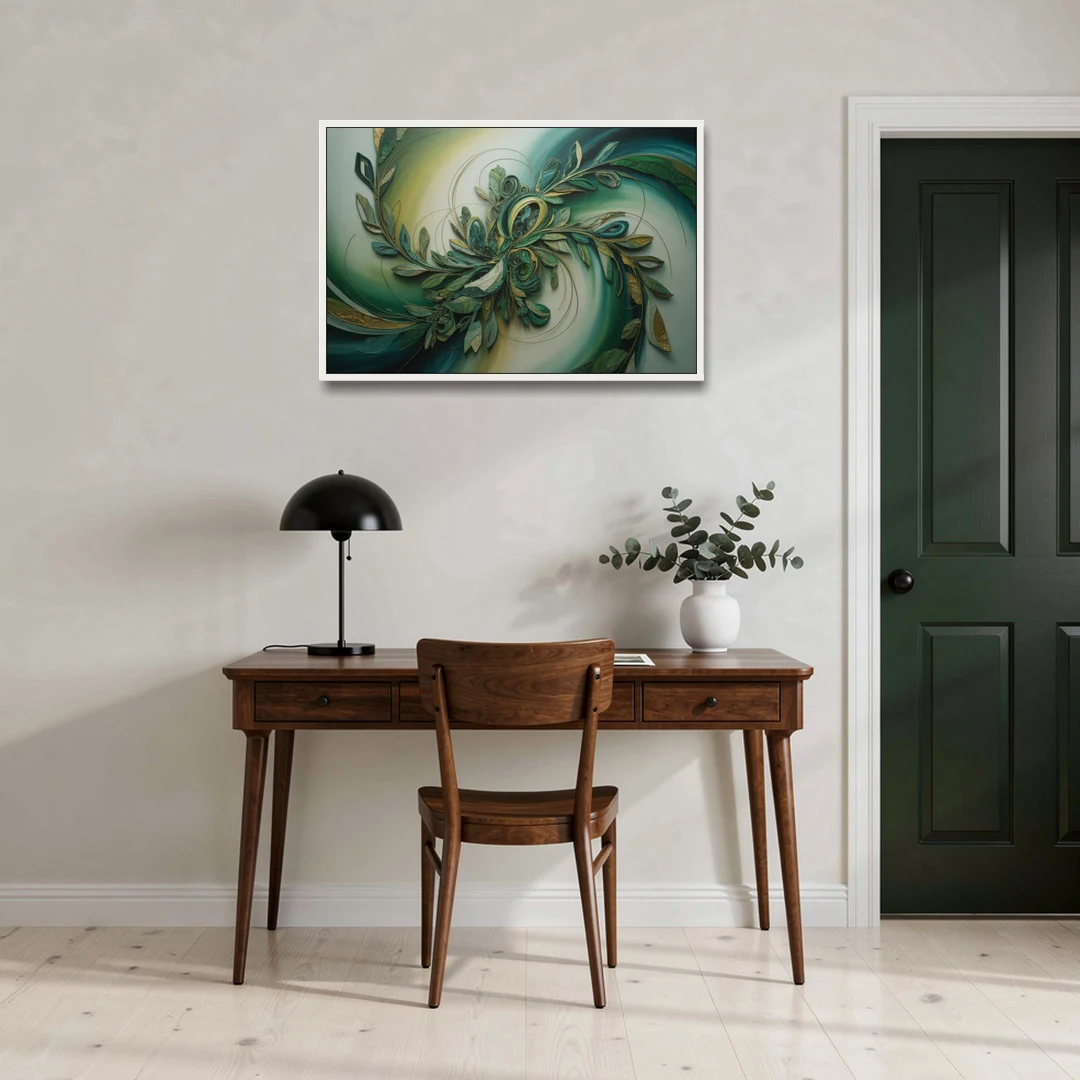 Opulent Natures Flow Green Abstract - White Framed Canvas Wall Art - Office - 36x24