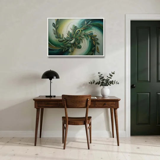 Opulent Natures Flow Green Abstract - White Framed Canvas Wall Art - Office - 36x24