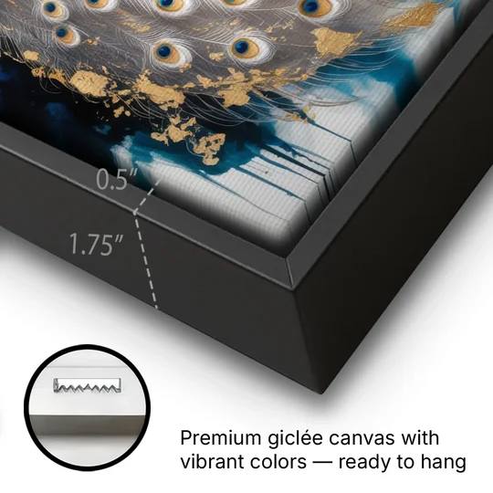 Opulent Peacock Elegance in White and Gold - Black Framed Canvas Wall Art - Gallery Wrap Corner