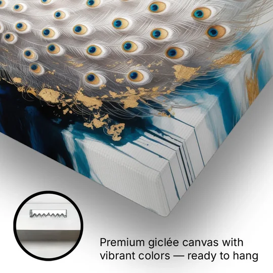Opulent Peacock Elegance in White and Gold - Canvas Wall Art - Gallery Wrap Corner