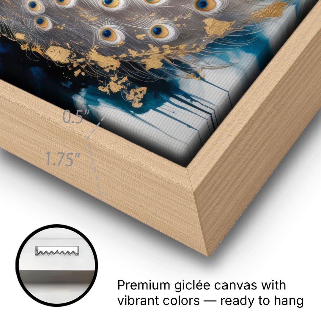 Opulent Peacock Elegance in White and Gold - Oak Framed Canvas Wall Art - Gallery Wrap Corner