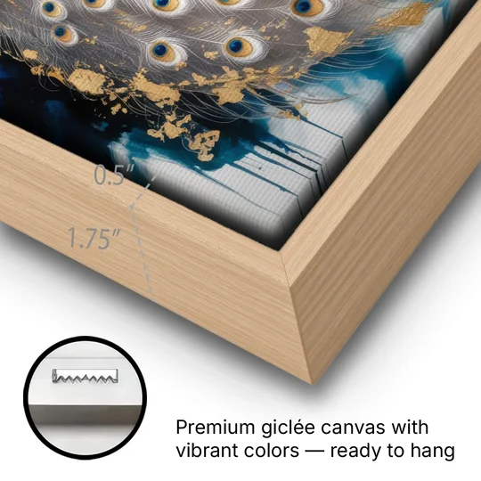 Opulent Peacock Elegance in White and Gold - Oak Framed Canvas Wall Art - Gallery Wrap Corner