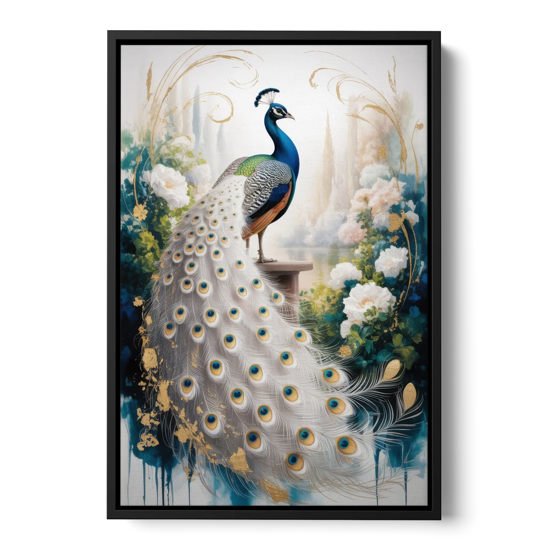 Opulent Peacock Elegance in White and Gold - Black Framed Canvas Wall Art - Front