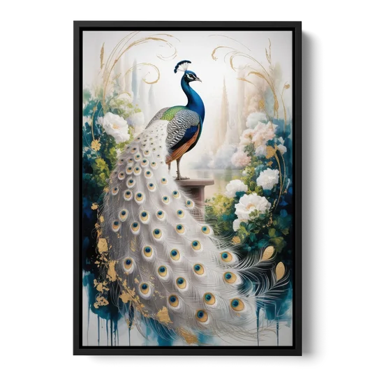 Opulent Peacock Elegance in White and Gold - Black Framed Canvas Wall Art - Front