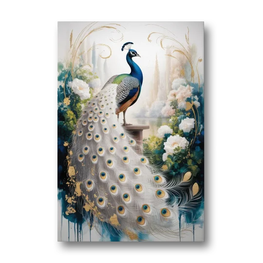 Opulent Peacock Elegance in White and Gold - Canvas Wall Art - Front