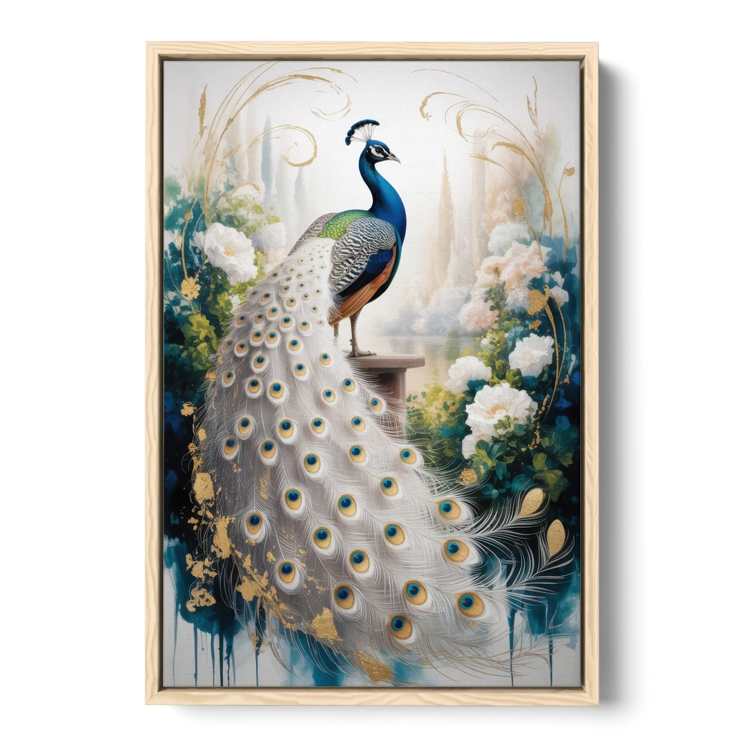 Opulent Peacock Elegance in White and Gold - Oak Framed Canvas Wall Art - Front