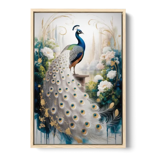 Opulent Peacock Elegance in White and Gold - Oak Framed Canvas Wall Art - Front
