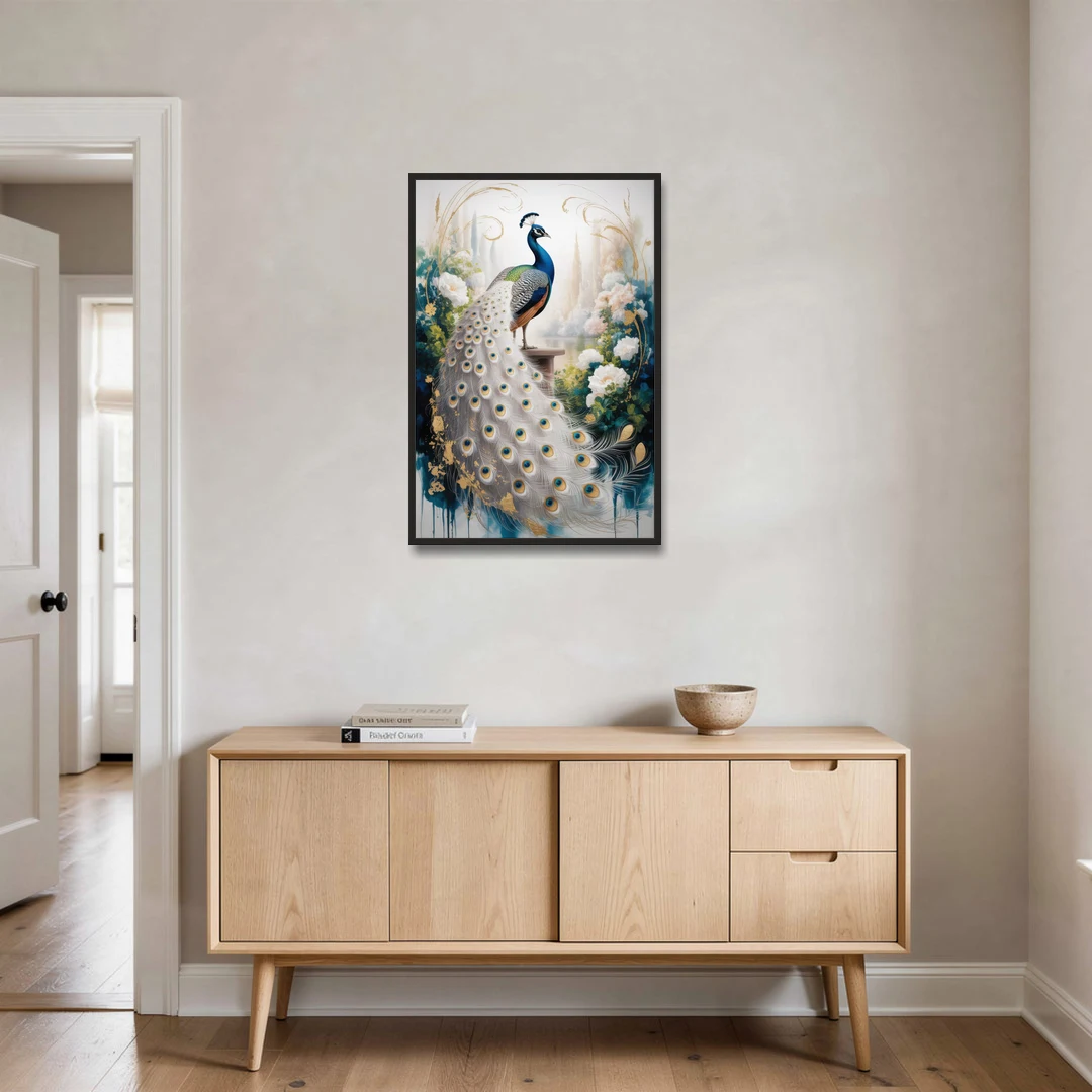 Opulent Peacock Elegance in White and Gold - Black Framed Canvas Wall Art - Coffee Table - 24x36
