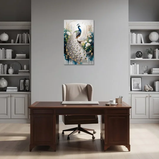 Opulent Peacock Elegance in White and Gold - Canvas Wall Art - Office - 24x36
