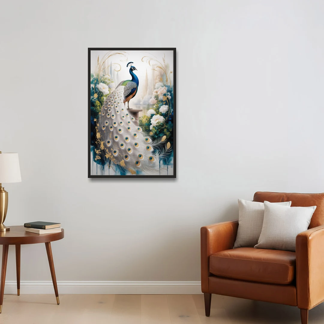 Opulent Peacock Elegance in White and Gold - Black Framed Canvas Wall Art - Sofa - 24x36
