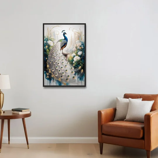 Opulent Peacock Elegance in White and Gold - Black Framed Canvas Wall Art - Sofa - 24x36