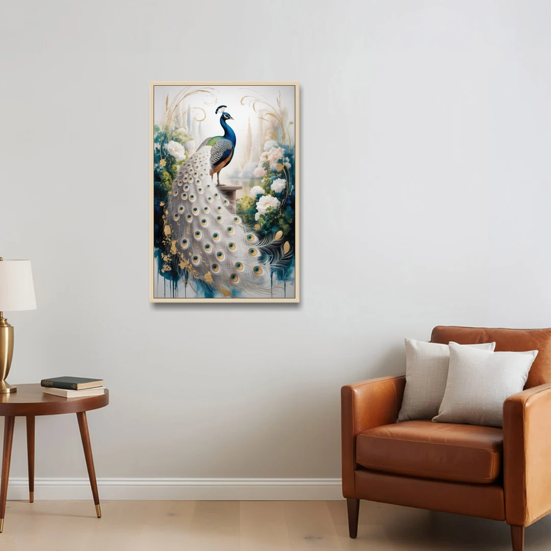 Opulent Peacock Elegance in White and Gold - Oak Framed Canvas Wall Art - Sofa - 24x36