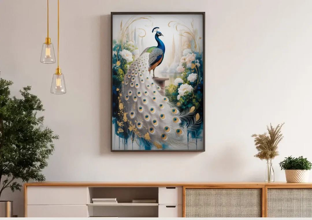 Opulent Peacock Elegance in White and Gold canvas wall art above a wooden sideboard under pendant lights