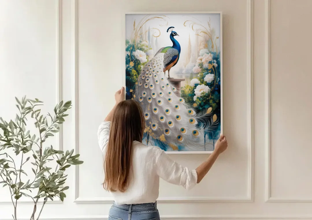 Opulent Peacock Elegance in White and Gold canvas wall art being hung on a paneled wall