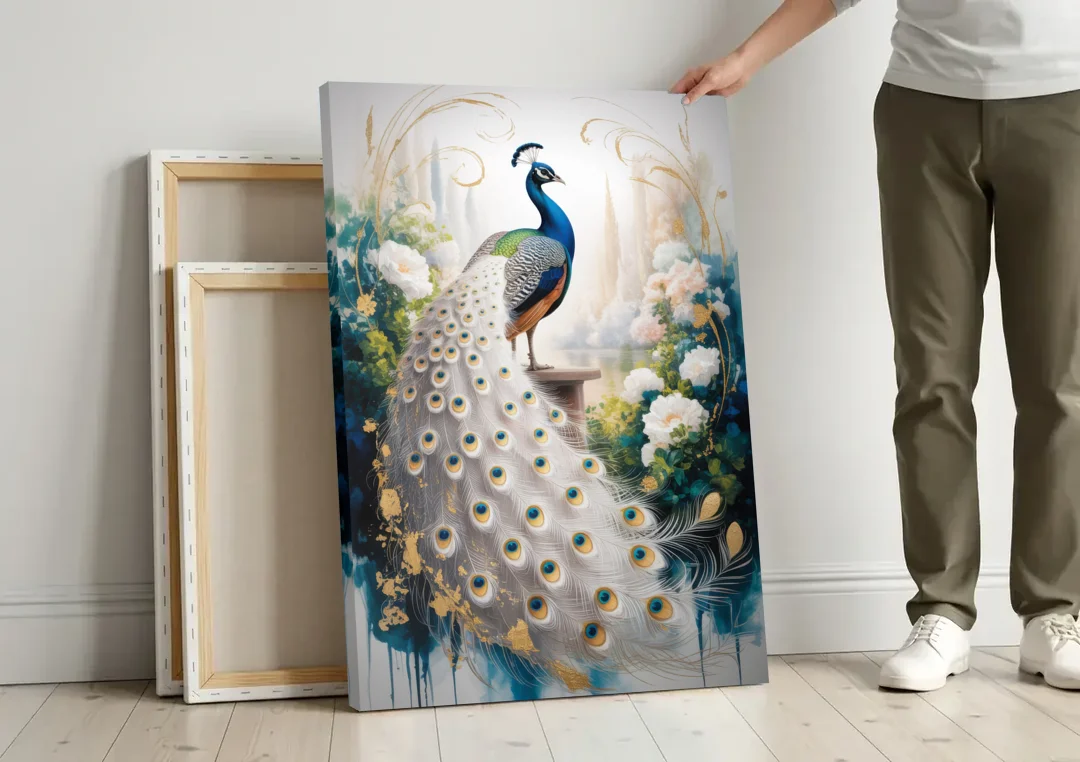 Opulent Peacock Elegance in White and Gold canvas wall art leaning against a wall next to blank canvases