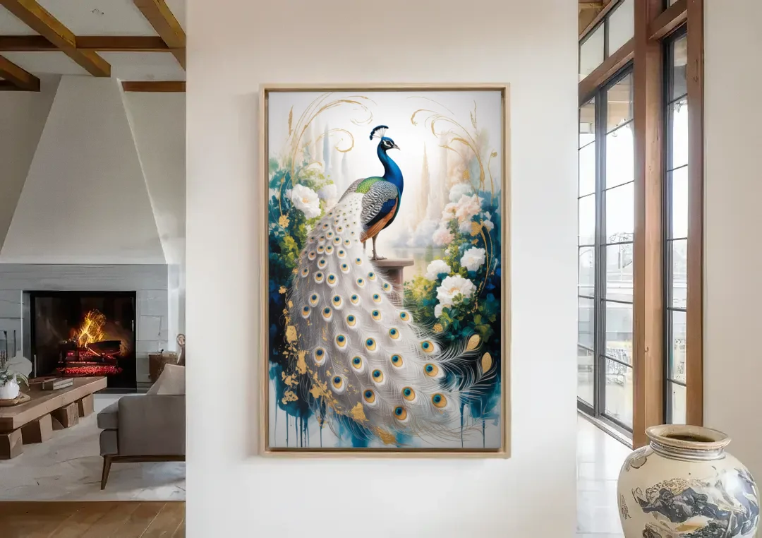 Opulent Peacock Elegance in White and Gold canvas wall art in a living room with a fireplace
