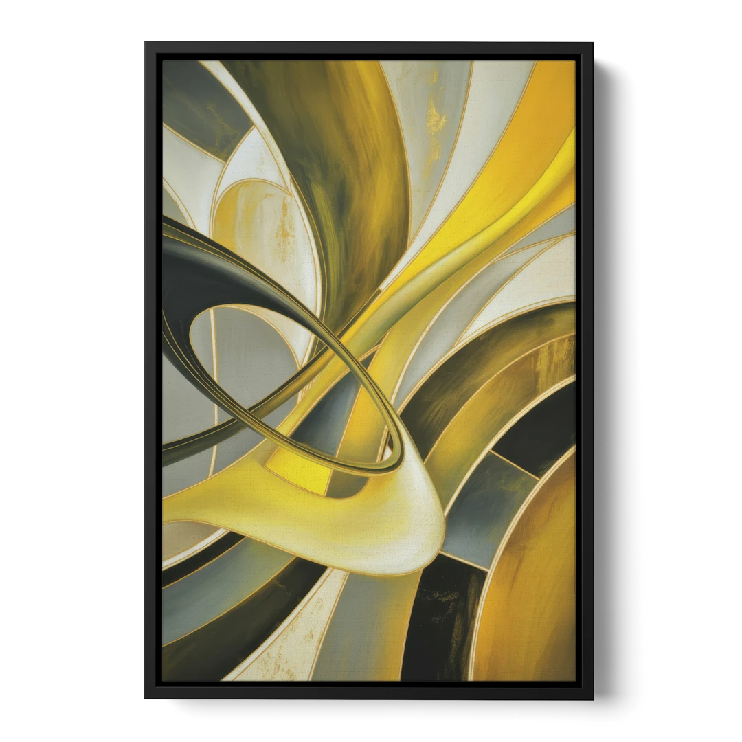 Opulent Resonance Yellow and Grey Abstract - Black Framed Canvas Wall Art - Front