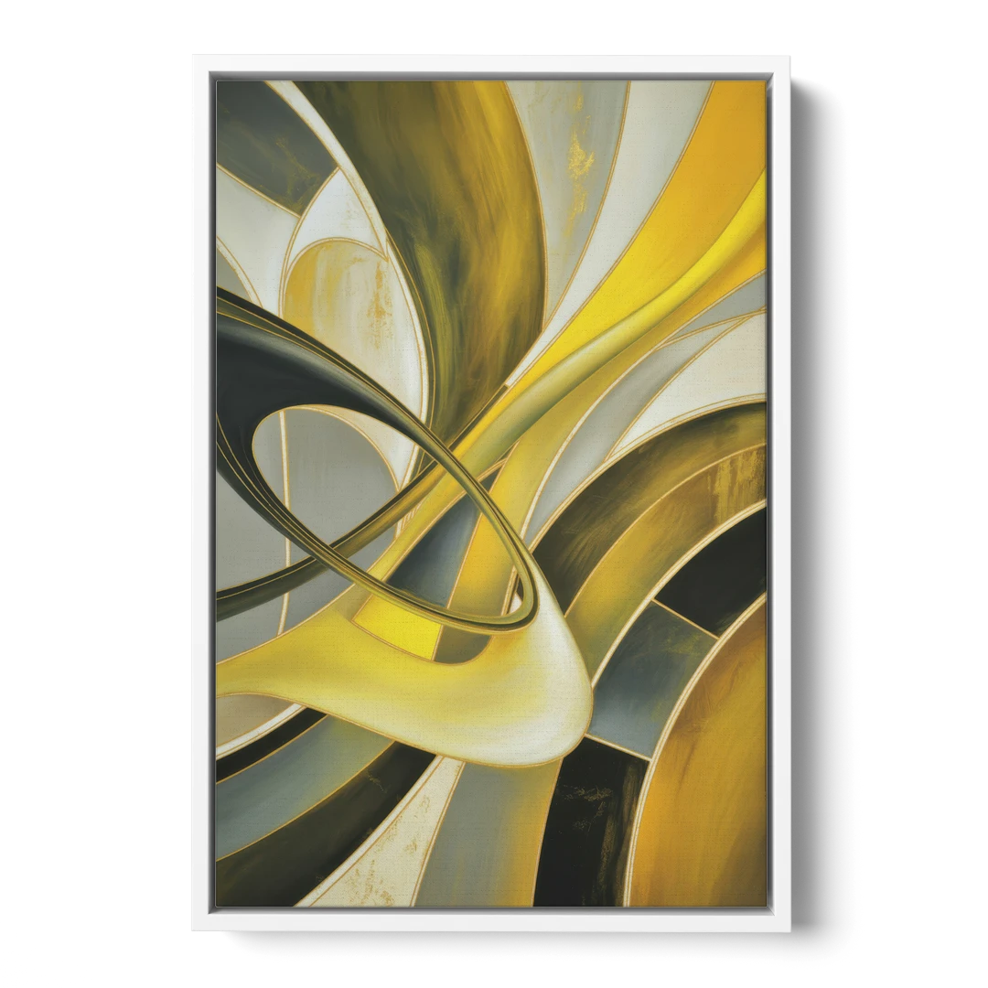 Opulent Resonance Yellow and Grey Abstract - White Framed Canvas Wall Art - Front
