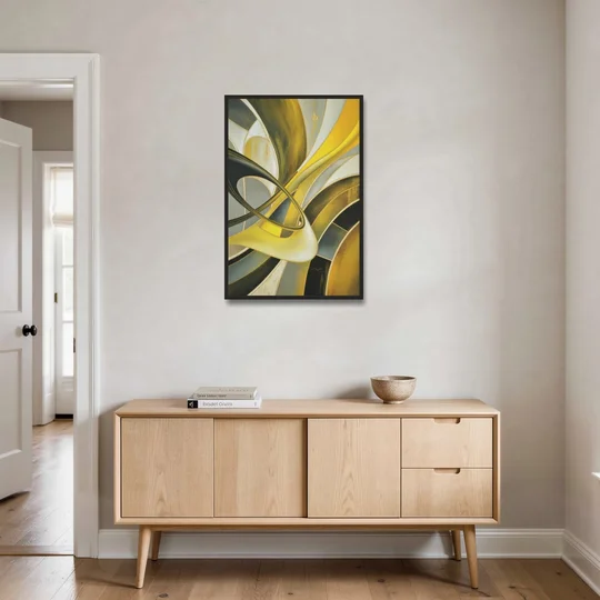 Opulent Resonance Yellow and Grey Abstract - Black Framed Canvas Wall Art - Coffee Table - 24x36