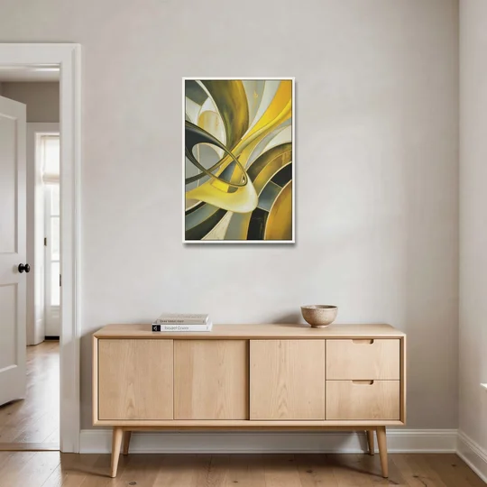 Opulent Resonance Yellow and Grey Abstract - White Framed Canvas Wall Art - Coffee Table - 24x36