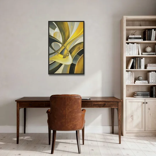 Opulent Resonance Yellow and Grey Abstract - Black Framed Canvas Wall Art - Office - 24x36
