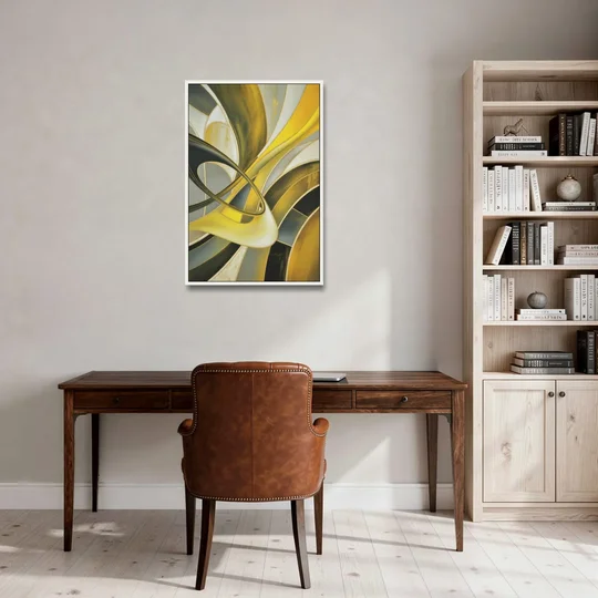Opulent Resonance Yellow and Grey Abstract - White Framed Canvas Wall Art - Office - 24x36