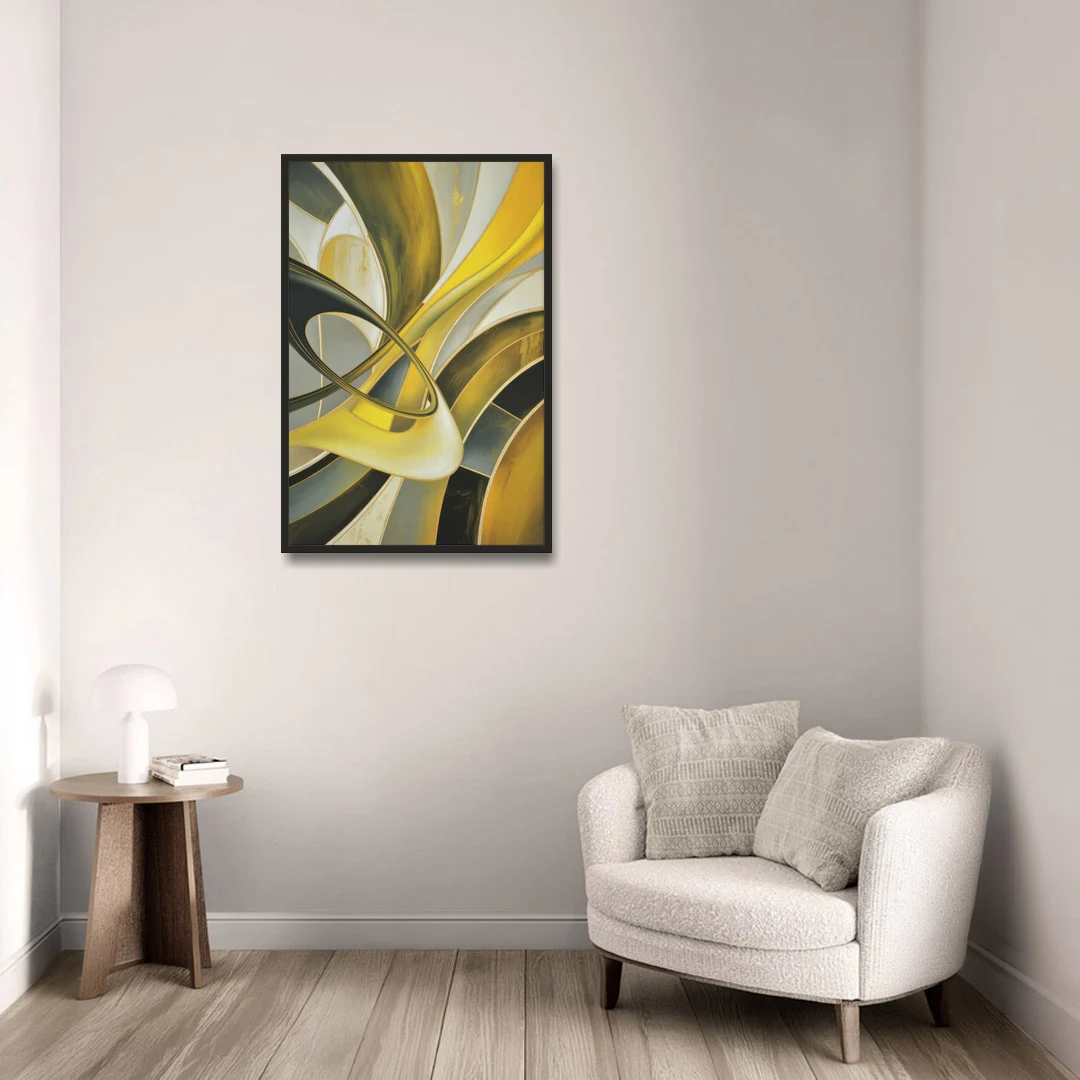 Opulent Resonance Yellow and Grey Abstract - Black Framed Canvas Wall Art - Sofa - 24x36