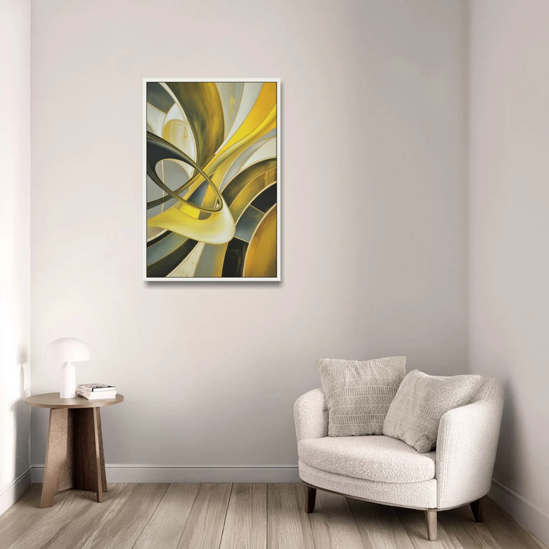 Opulent Resonance Yellow and Grey Abstract - White Framed Canvas Wall Art - Sofa - 24x36