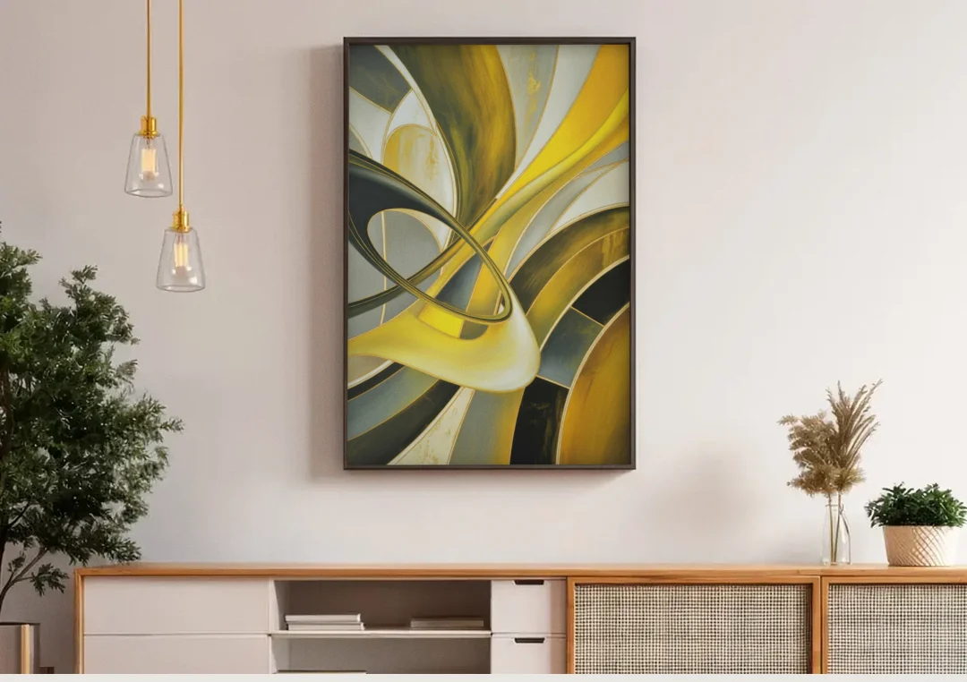 Opulent Resonance Yellow and Grey Abstract canvas wall art above a wooden sideboard under pendant lights