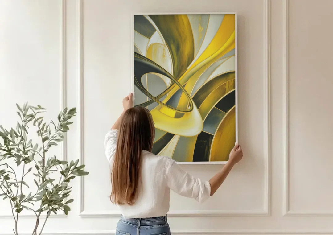 Opulent Resonance Yellow and Grey Abstract canvas wall art being hung on a paneled wall