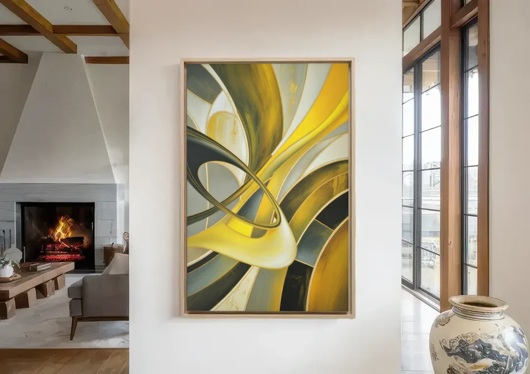 Opulent Resonance Yellow and Grey Abstract canvas wall art in a living room with a fireplace