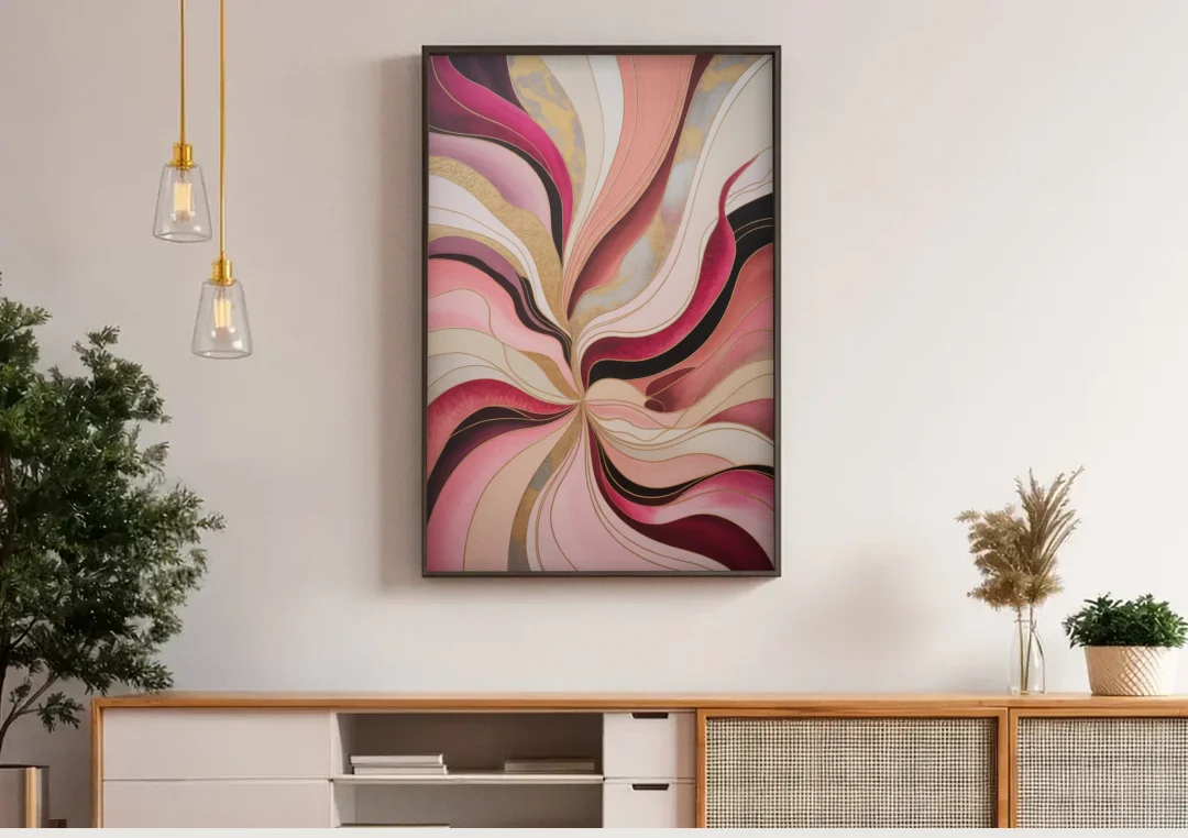 Opulent Serenity Pink Abstract canvas wall art above a wooden sideboard under pendant lights