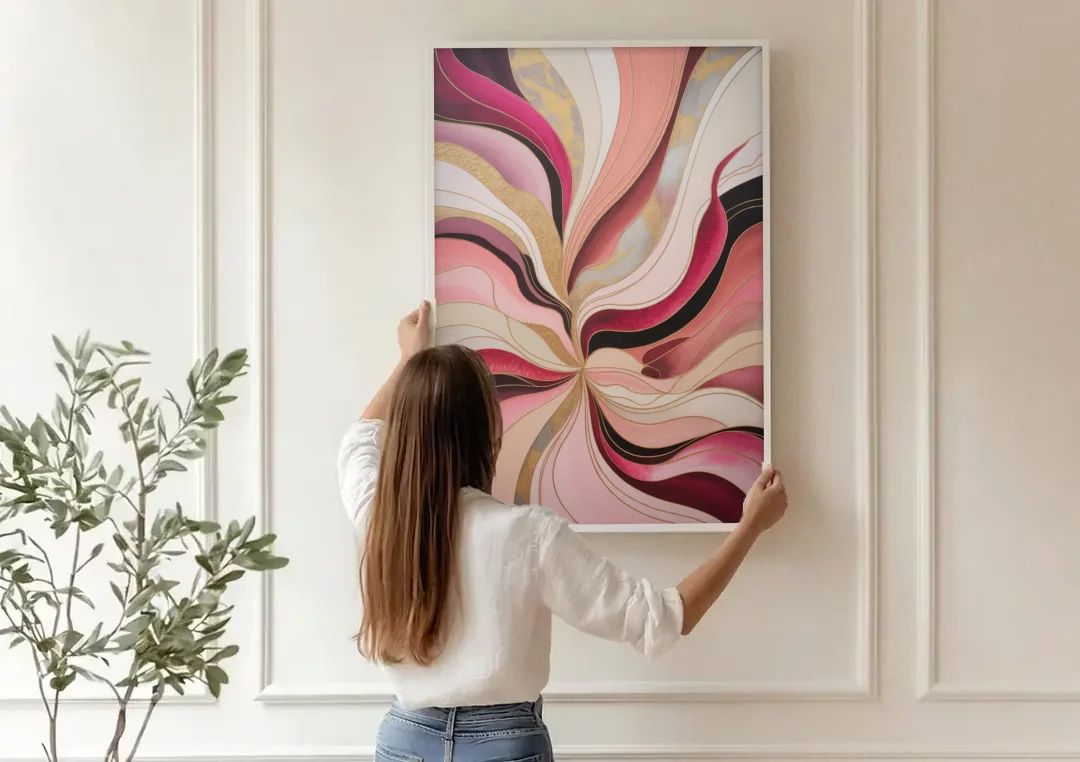 Opulent Serenity Pink Abstract canvas wall art being hung on a paneled wall