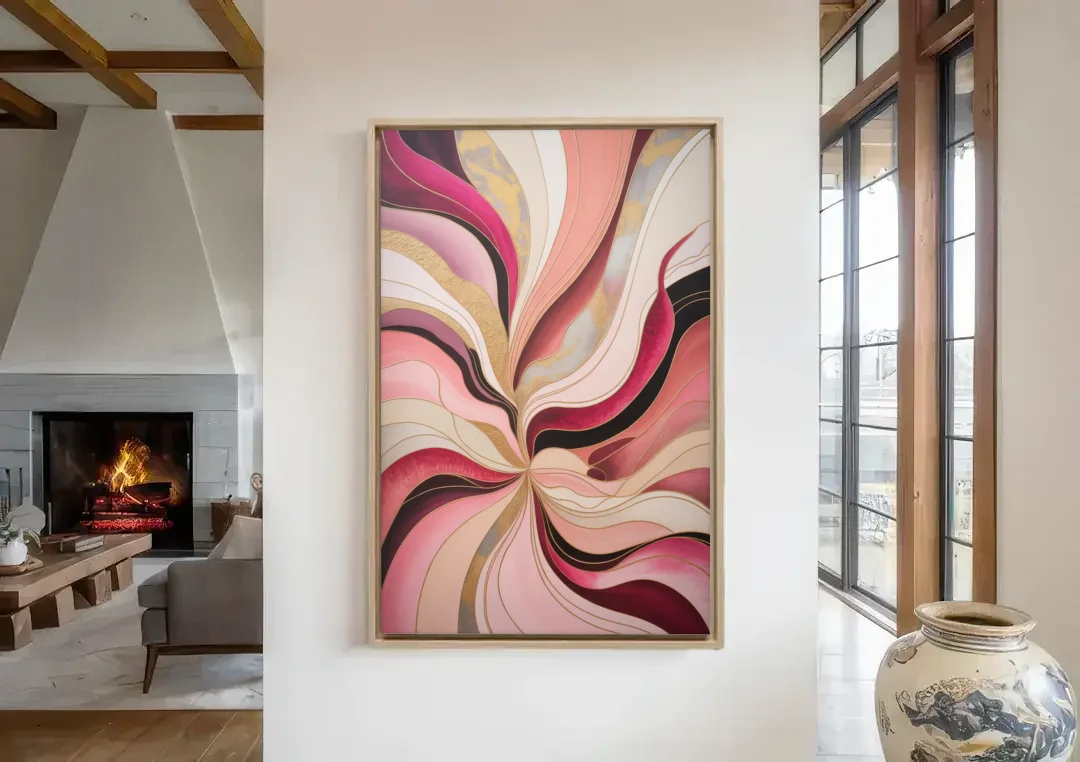 Opulent Serenity Pink Abstract canvas wall art in a living room with a fireplace