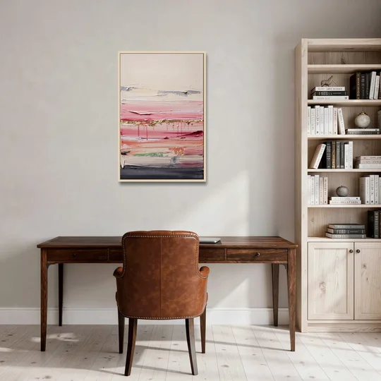 Opulent Serenity Pink and Gold Abstract - Oak Framed Canvas Wall Art - Office - 24x36