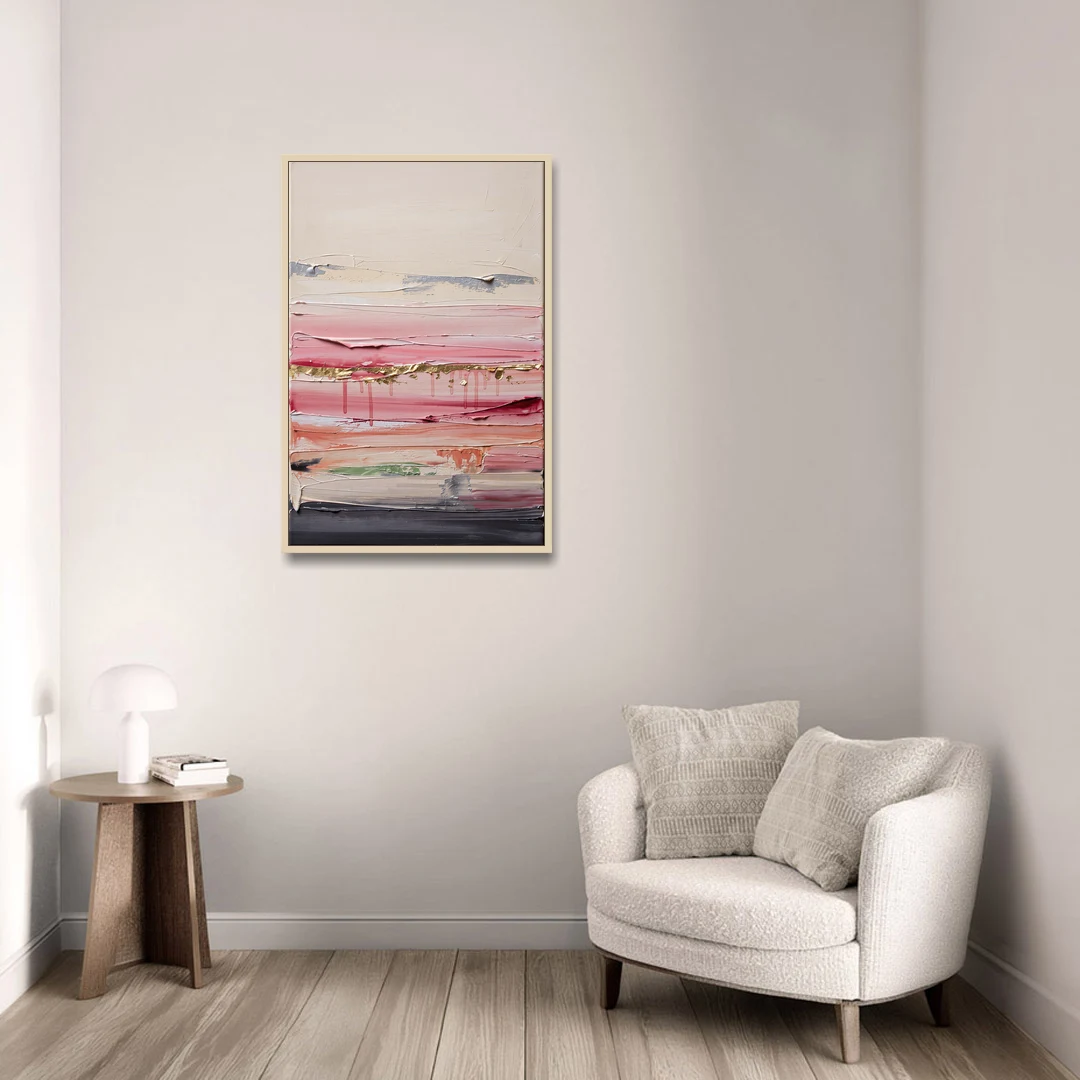 Opulent Serenity Pink and Gold Abstract - Oak Framed Canvas Wall Art - Sofa - 24x36