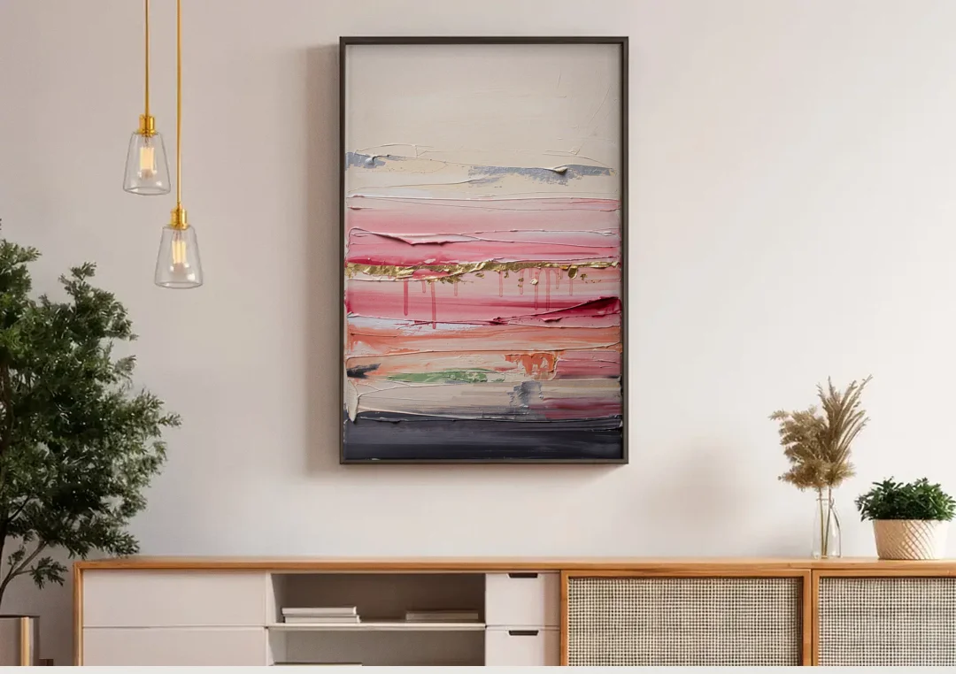Opulent Serenity Pink and Gold Abstract canvas wall art above a wooden sideboard under pendant lights