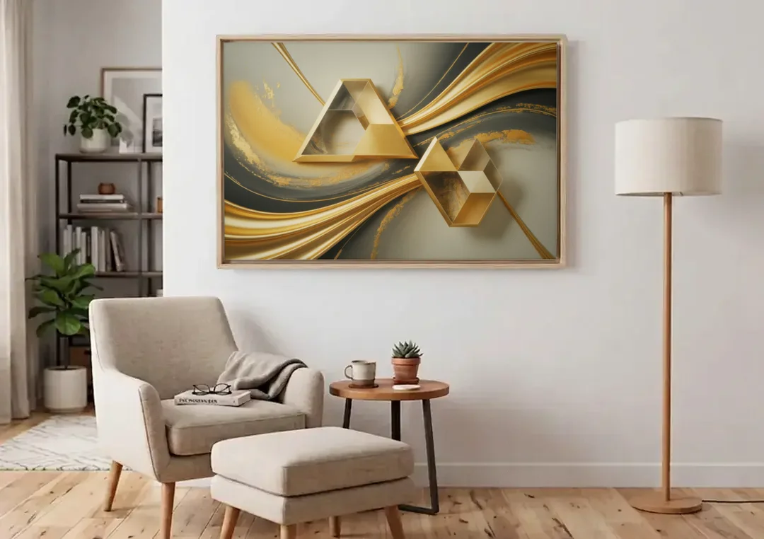 Opulent Streams Gold Abstract canvas wall art above an armchair in a bright living room