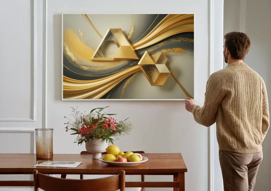 Opulent Streams Gold Abstract canvas wall art above a dining table