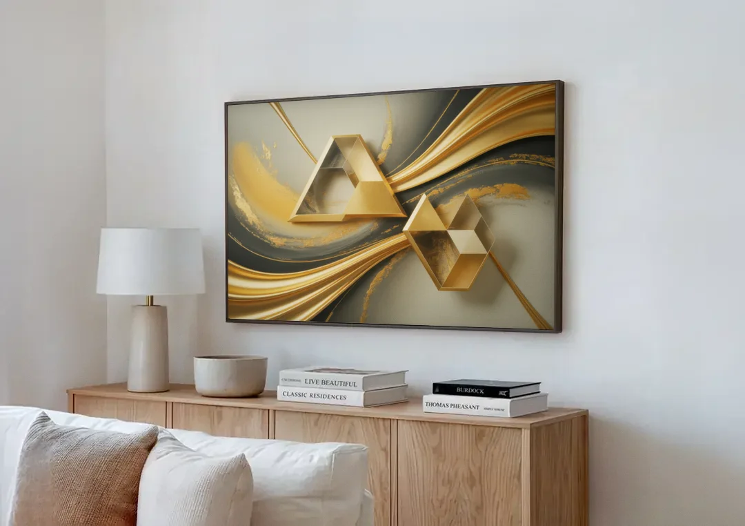 Opulent Streams Gold Abstract canvas wall art above a wooden sideboard next to a sofa