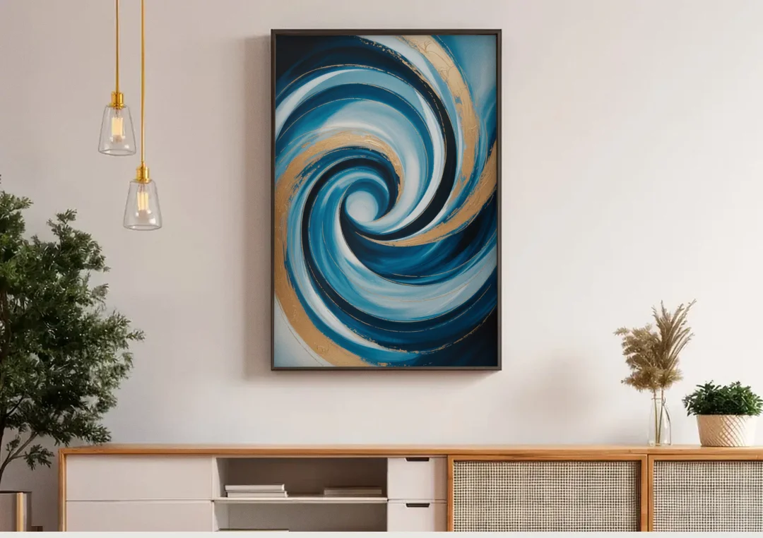 Opulent Swirl Blue and Gold Abstract canvas wall art above a wooden sideboard under pendant lights