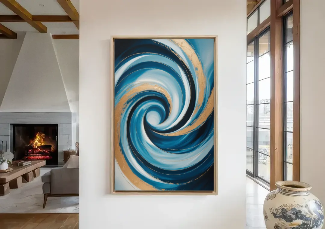 Opulent Swirl Blue and Gold Abstract canvas wall art in a living room with a fireplace